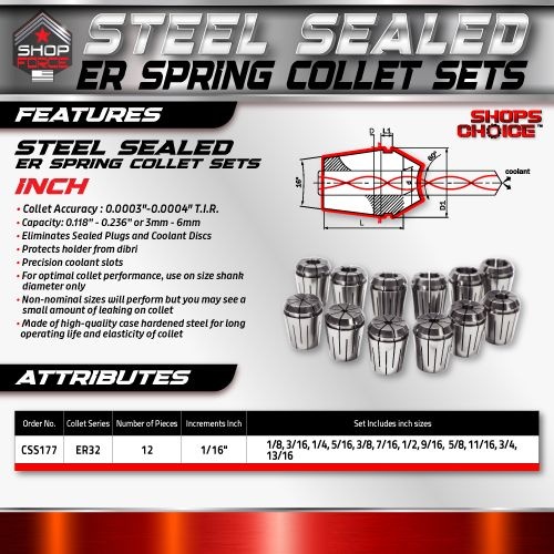 ER32 STEEL SEALED Spring Collets INCH 12 Piece Set (0.0003" T.I.R.) Coolant Collet 1500 MAX PSI  1/8-13/16" - Image 2