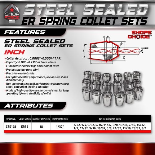 ER32 STEEL SEALED Spring Collets INCH 18 Piece Set (0.0003" T.I.R.) Coolant Collet 1500 MAX PSI  7/32-3/4" - Image 2