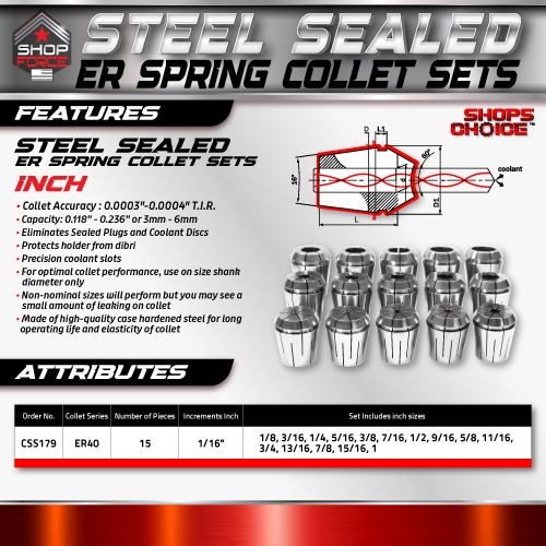 ER40 STEEL SEALED Spring Collets INCH 15 Piece Set (0.0003" T.I.R.) Coolant Collet 1500 MAX PSI  1/8-1" - Image 2