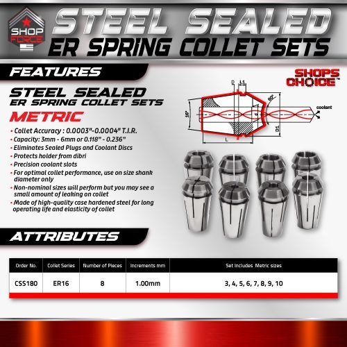 ER16 STEEL SEALED Spring Collets 8 Piece SET  3MM-10MM (0.0003" T.I.R.) Coolant Collet 1500 MAX PSI - Image 2