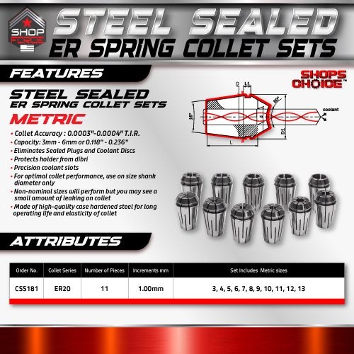 ER20 STEEL SEALED Spring Collets 11 Piece SET  3MM-13MM (0.0003" T.I.R.) Coolant Collet 1500 MAX PSI - Image 2