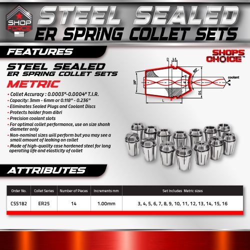 ER25 STEEL SEALED Spring Collets 14 Piece SET  3MM-16MM (0.0003" T.I.R.) Coolant Collet 1500 MAX PSI - Image 2