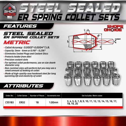 ER32 STEEL SEALED Spring Collets 18 Piece SET  3MM-20MM (0.0003" T.I.R.) Coolant Collet 1500 MAX PSI - Image 2