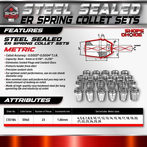 ER40 STEEL SEALED Spring Collets 23 Piece SET  4MM-26MM (0.0003" T.I.R.) Coolant Collet 1500 MAX PSI - Image 2