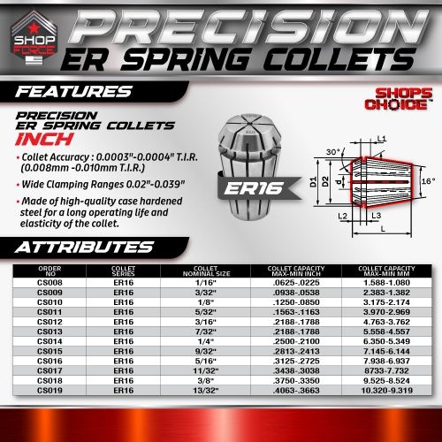 ER 16 High Precision Spring Collet INCH (0.0003) T.I.R. Shop'sChoice  1/16" - Image 2