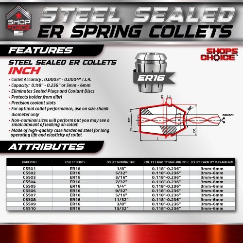 ER16 STEEL SEALED Spring Collet INCH (0.0003" T.I.R.) Coolant Collet 1500 MAX PSI  9/32" - Image 2