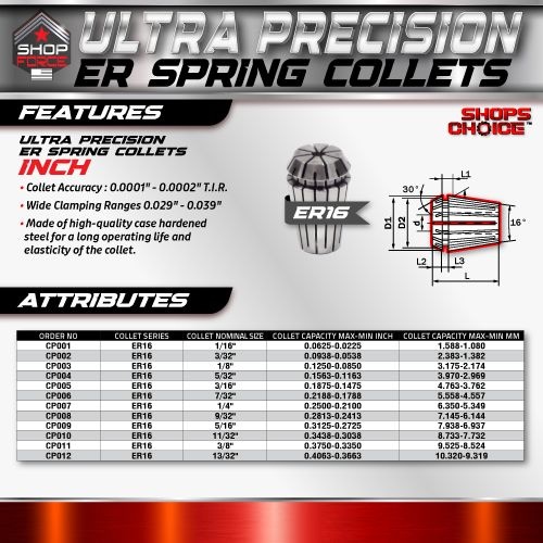 ER16 ULTRA Precision Spring Collet (0.0001" T.I.R.) Shop'sChoice™   1/16" - Image 2