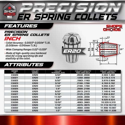 ER 20 High Precision Spring Collet INCH (0.0003) T.I.R. Shop'sChoice  1/4" - Image 2