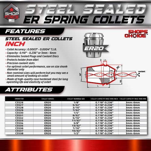 ER20 STEEL SEALED Spring Collet INCH (0.0003" T.I.R.) Coolant Collet 1500 MAX PSI  7/16 - Image 2