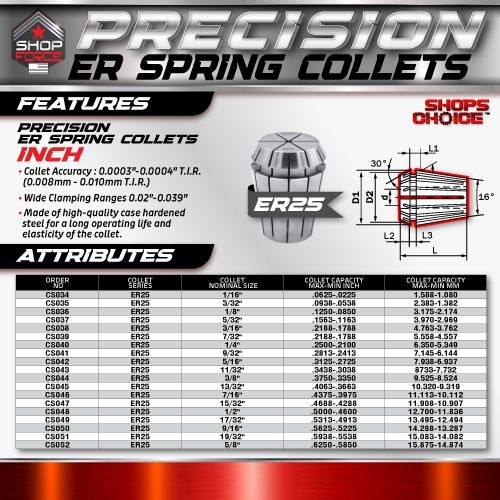 ER 25 High Precision Spring Collet INCH (0.0003) T.I.R. Shop'sChoice  13/32" - Image 2