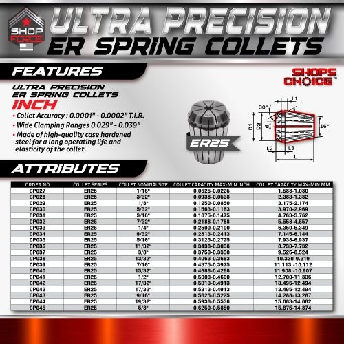 ER25 ULTRA Precision Spring Collet (0.0001" T.I.R.) Shop'sChoice™  9/32" - Image 2