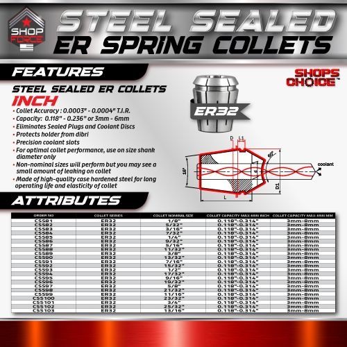 ER32 STEEL SEALED Spring Collet INCH (0.0003" T.I.R.) Coolant Collet 1500 MAX PSI  19/32 - Image 2