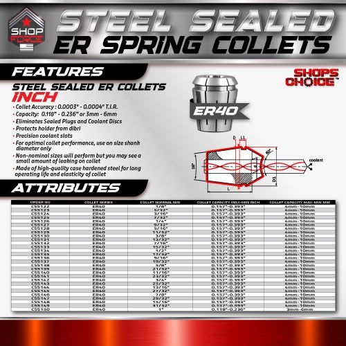 ER40 STEEL SEALED Spring Collet INCH (0.0003" T.I.R.) Coolant Collet 1500 MAX PSI  29/32 - Image 2